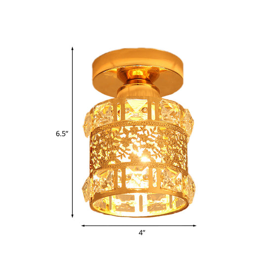 Gold Flush Mount Ceiling Light With Faceted Crystal - Minimalist Cylinder Design Single Bulb