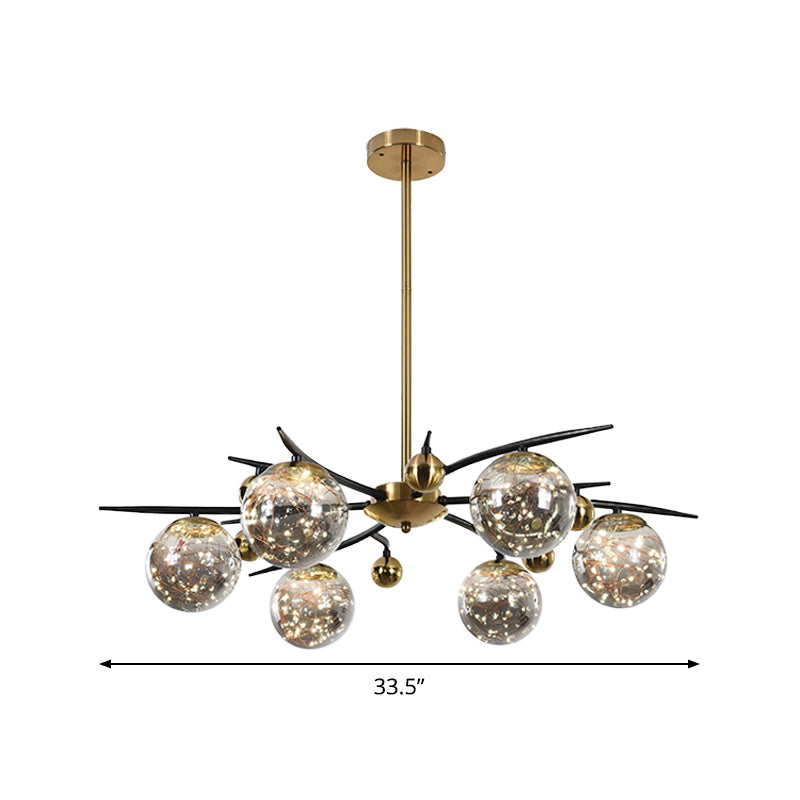 Contemporary Brass Globe Chandelier With Glowworm Design - 4/6 Lights Smoke Gray Glass Radial
