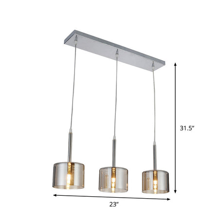 Modern Chrome Pendant Light With Clear Glass Drum Shade - 3 Bulb Multi-Suspension For Restaurants
