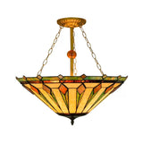 Tiffany Stained Glass Cone Ceiling Light For Living Room - 3-Lights Semi Flush Mount With Chain