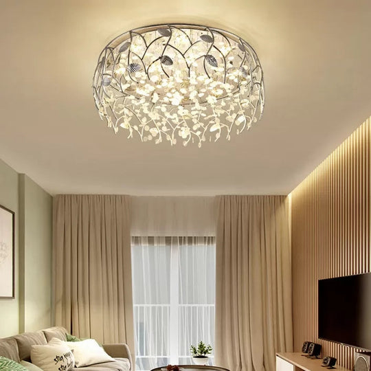 Romantic Chrome Flush Mount Light With Leaf & Crystal Bead Ceiling Fixture For Bedroom
