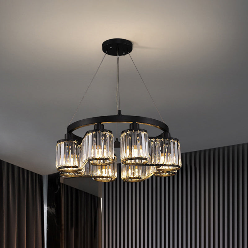 6/8 Light Modern Cylindrical Black Crystal Suspension Chandelier