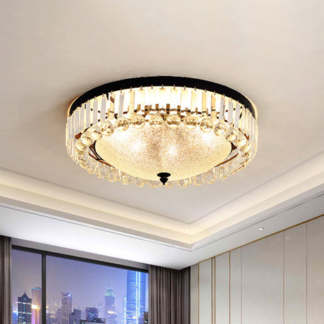 5-Bulb Textured Glass Dome Flush Mount Light In Black With Crystal Accent