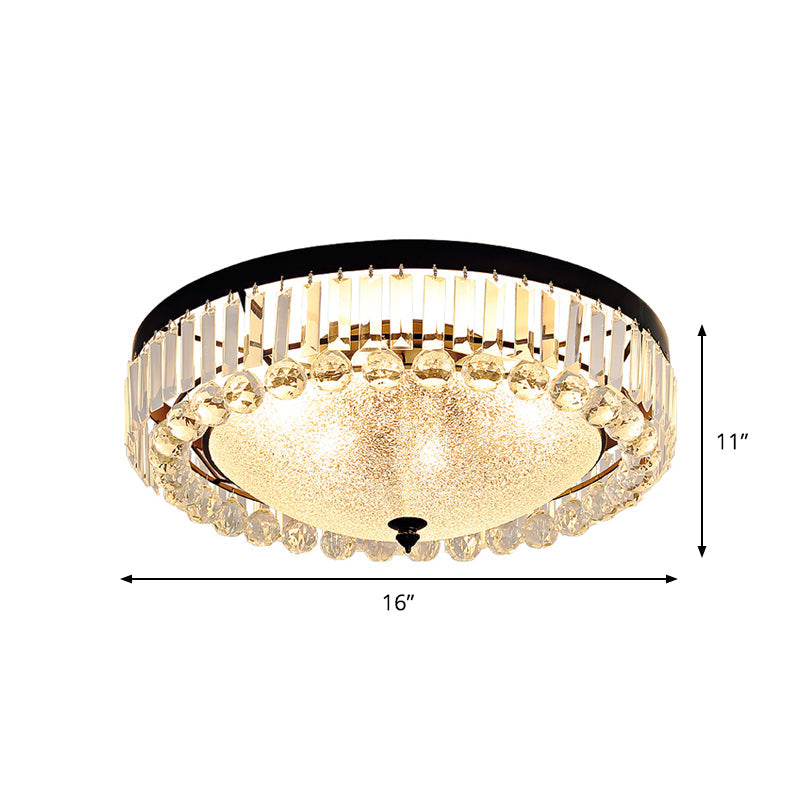 5-Bulb Textured Glass Dome Flush Mount Light In Black With Crystal Accent