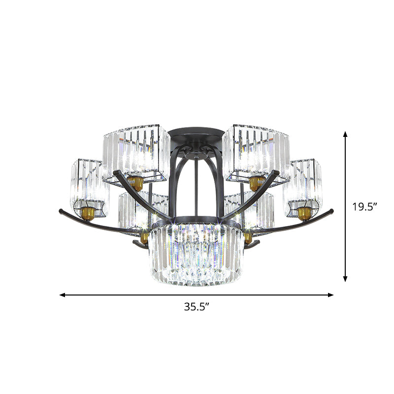 Modern Sputnik Crystal Block Flush Light Fixture - 9/12 Head Semi Mount In Black