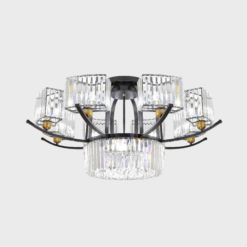 Modern Sputnik Crystal Block Flush Light Fixture - 9/12 Head Semi Mount In Black