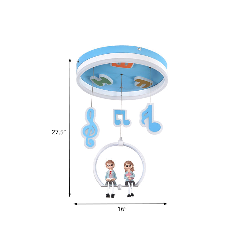 Musical Note Led Ceiling Light With Adorable Boy And Girl Resin Figures - Blue Acrylic Flush Mount