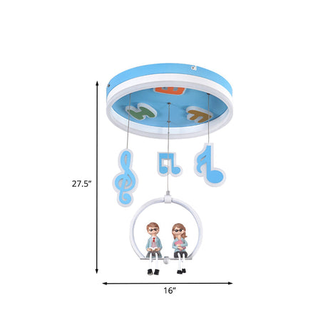 Musical Note Led Ceiling Light With Adorable Boy And Girl Resin Figures - Blue Acrylic Flush Mount