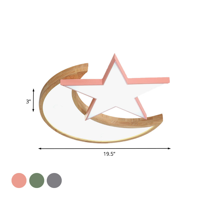 Minimalistic Led Bedroom Flush Light Fixture In Grey/Pink/Green With Moon And Star Acrylic Shade