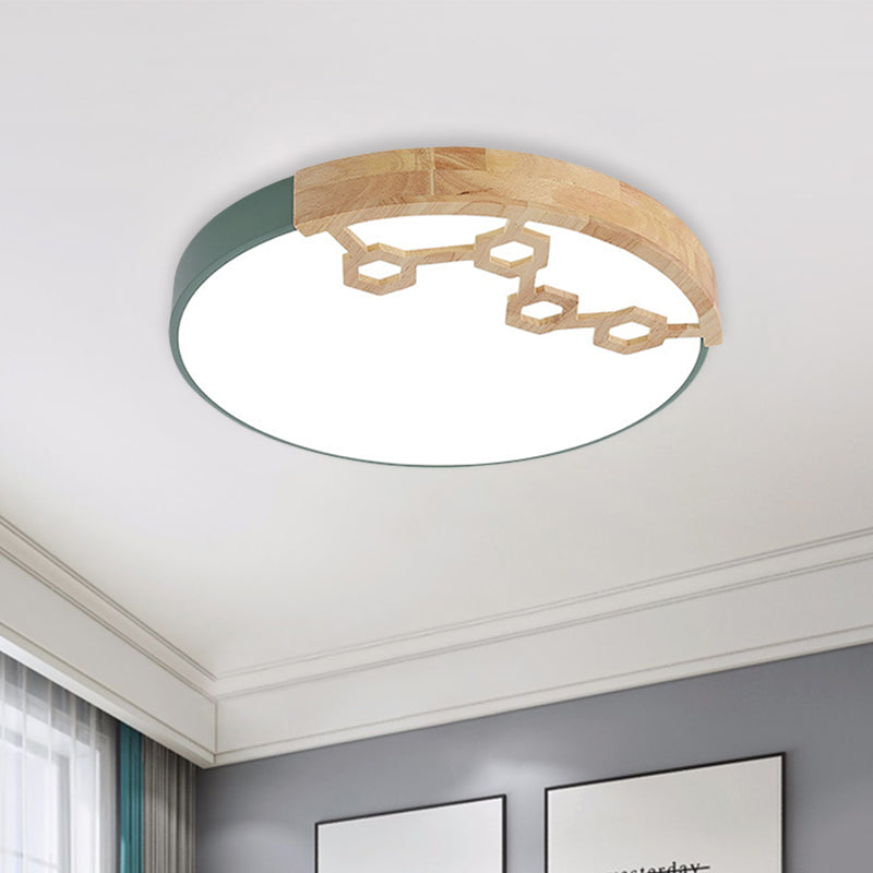 Modern Acrylic Circle Flush Ceiling Light With Wood Design - Led Spotlight In Grey/White/Green