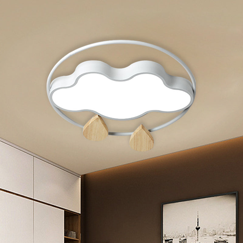 Modern Cloud Bedroom Ceiling Light With Acrylic Led Wood Raindrop Design (Grey/White/Green) White