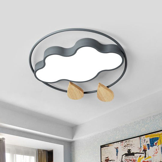 Modern Cloud Bedroom Ceiling Light With Acrylic Led Wood Raindrop Design (Grey/White/Green)