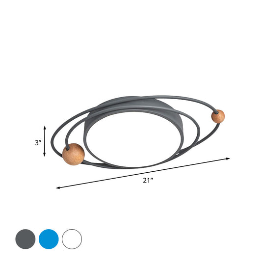 Nordic Led Flush Mount Ceiling Light With Acrylic Ring And Wood Ball In Grey/White/Blue