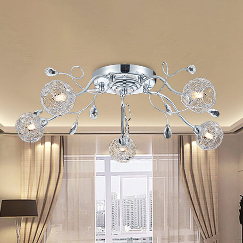 Contemporary Chrome Led Semi Mount Ceiling Light With Metal Mesh Shade – Stylish 5 - Light