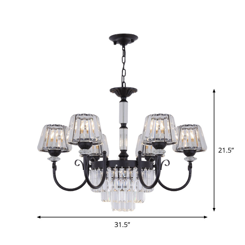 Modern Tapered Crystal Suspension Light With 3/6 Heads - Black Dining Room Chandelier Lamp