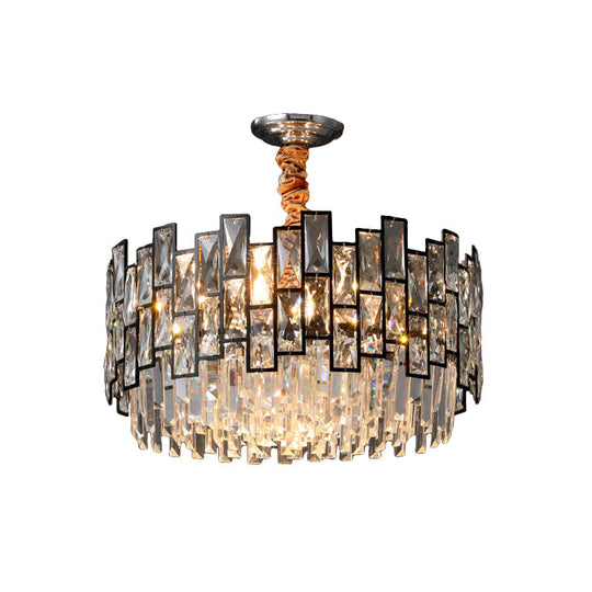 Contemporary Black Crystal Chandelier - 9-Head Suspension Lamp With Clear Prism And Dual Layers