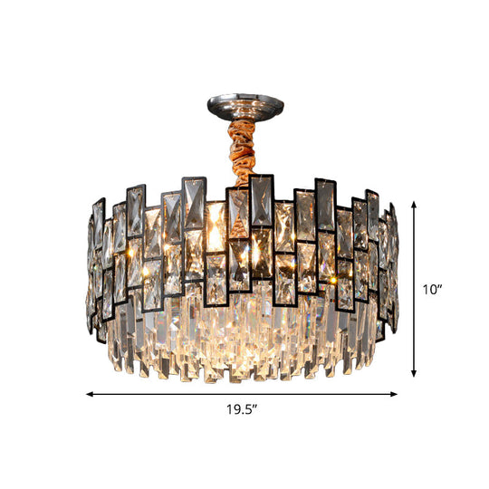 Contemporary Black Crystal Chandelier - 9-Head Suspension Lamp With Clear Prism And Dual Layers