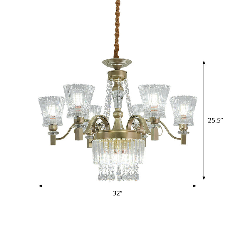 Modern Gold Crystal Chandelier Pendant Lamp With Clear Conical Shades - 6/9-Head Light Fixture For
