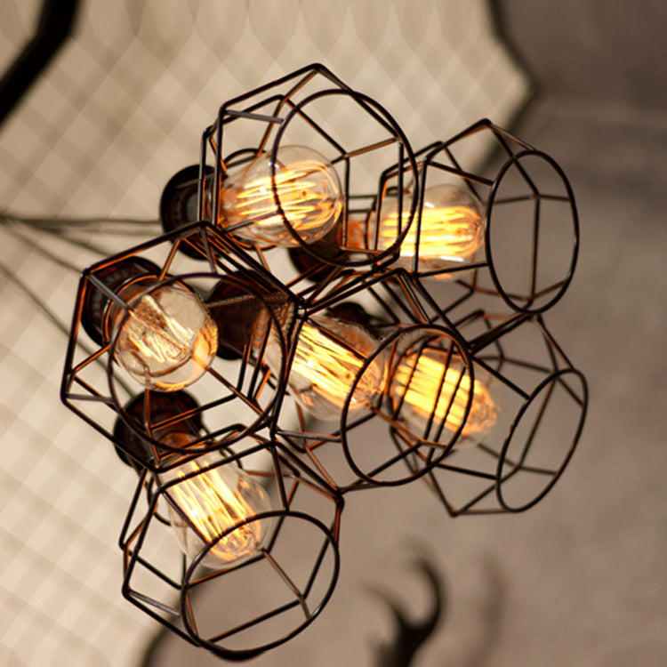 Bronze Industrial Cluster Pendant Lighting: Cage Shade Adjustable Cord 6 Bulbs