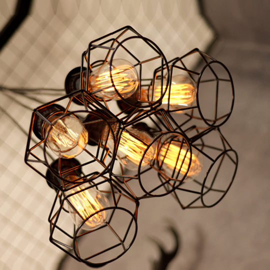 Bronze Industrial Cluster Pendant Lighting: Cage Shade Adjustable Cord 6 Bulbs