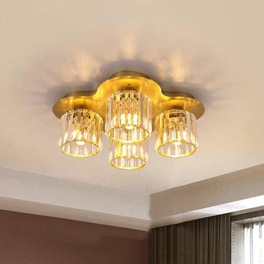 4 - Head Crystal Block Flush Ceiling Light Fixture In Black/Gold - Simple Cylinder Design