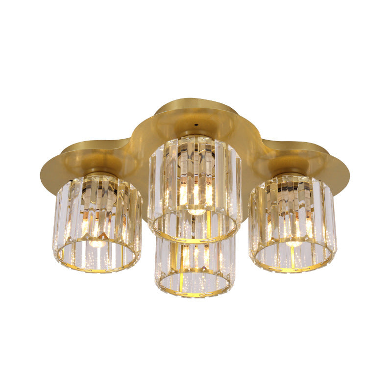4 - Head Crystal Block Flush Ceiling Light Fixture In Black/Gold - Simple Cylinder Design