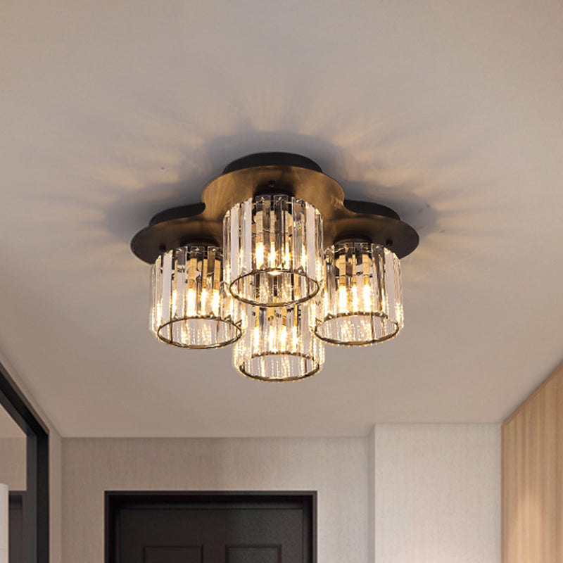 4-Head Crystal Block Flush Ceiling Light Fixture In Black/Gold - Simple Cylinder Design