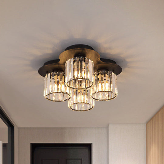 4-Head Crystal Block Flush Ceiling Light Fixture In Black/Gold - Simple Cylinder Design