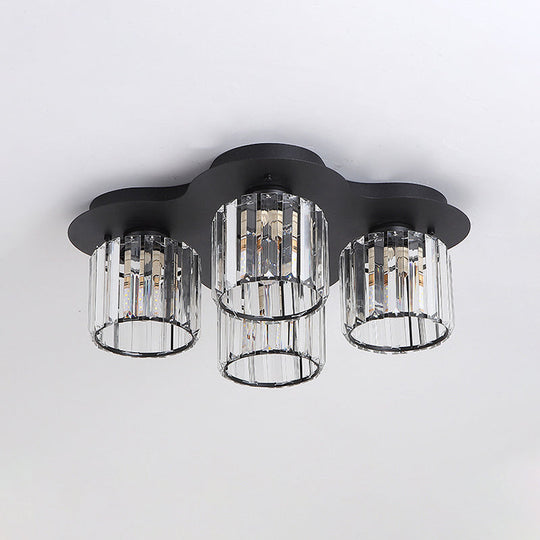 4-Head Crystal Block Flush Ceiling Light Fixture In Black/Gold - Simple Cylinder Design