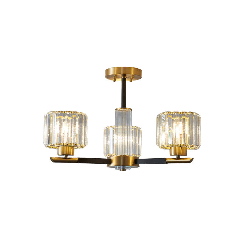 Crystal Block Ceiling Light With 3/6 Semi - Mounted Cylinder Lights In Black And Gold