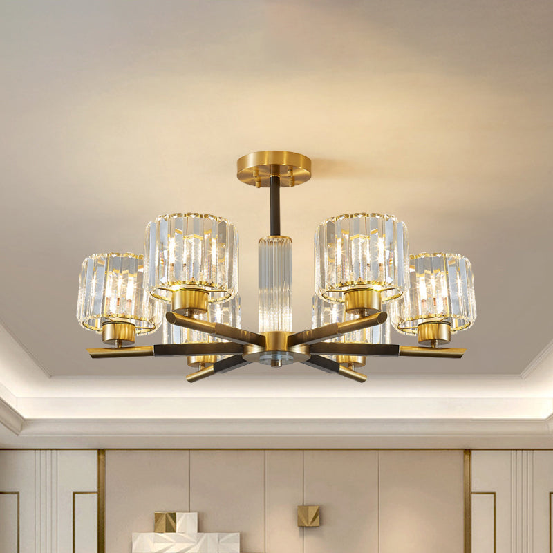 Crystal Block Ceiling Light With 3/6 Semi - Mounted Cylinder Lights In Black And Gold