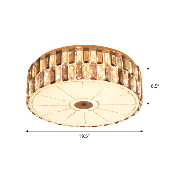 9-Bulb Gold Drum Bedroom Flush Mount Lamp With K9 Crystal And Glass Diffuser