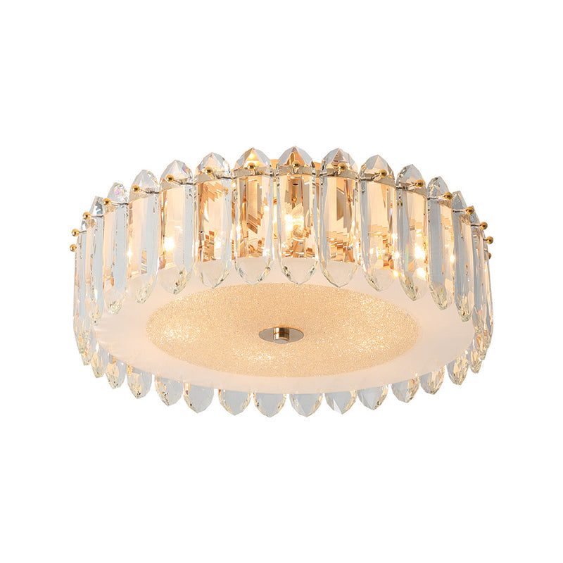 Simple Gold Flushmount Lighting - Drum Crystal Fixture With 6 Bulbs For Bedroom