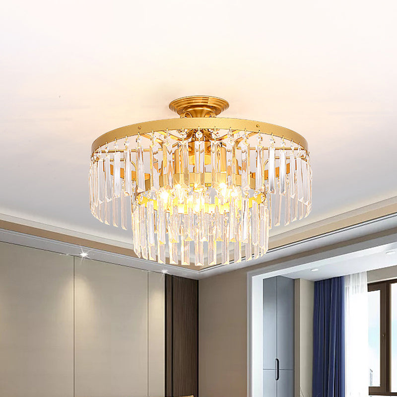 Gold 2 - Layer Crystal Semi Flush Mount Light Fixture With 3/5 Bulbs - Postmodern Style For Living