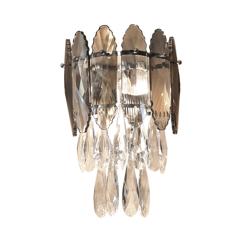 Modern Layered Wall Lighting Clear And Champagne/Smoke Gray Crystal Sconce Fixture 2 Lights