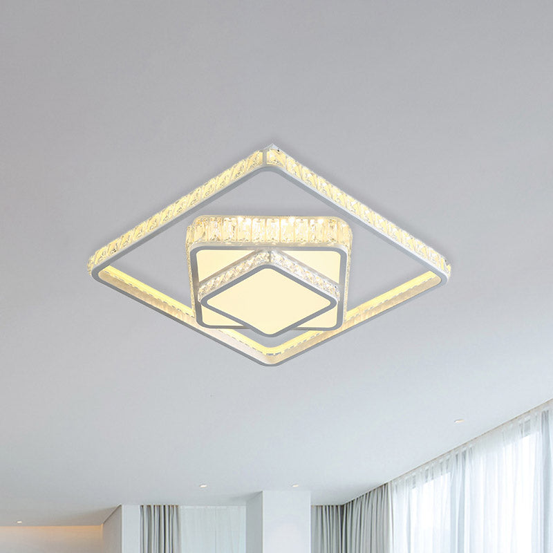 Modern Led Crystal Ceiling Light: Square Flush Mount Fixture In White For Bedroom