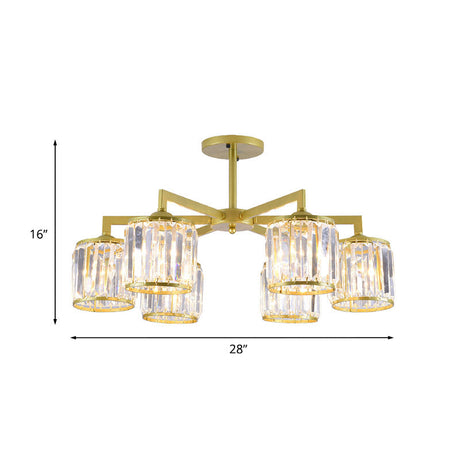 Gold K9 Crystal Cylinder Semi Flush Postmodern Ceiling Mount - 3/6 Bulb Living Room Fixture