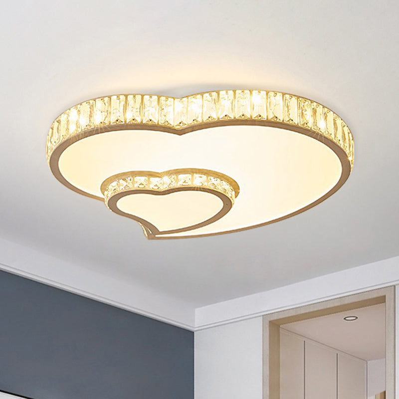 Cut Crystal Led Flush Mount Recessed Lighting In White - Minimalist Dual Heart Design