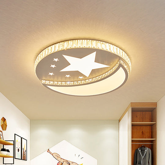 Contemporary Led Star And Moon Crystal Flush Light In White - Bedroom Mount Lighting