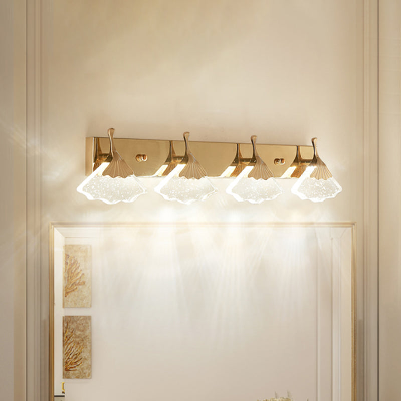 Modern Crystal Gold Vanity Light With Ginkgo Design - Wall Mounted Bathroom Lamp 4 Bulbs