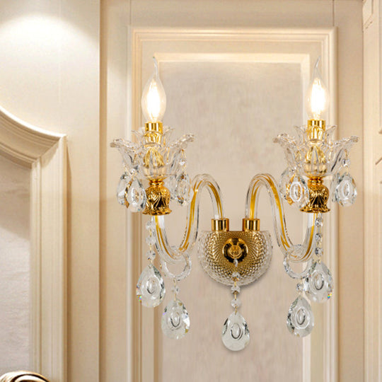 Mid-Century Gold 2-Light Candelabra Sconce: Clear Crystal Glass Wall Lamp For Living Room