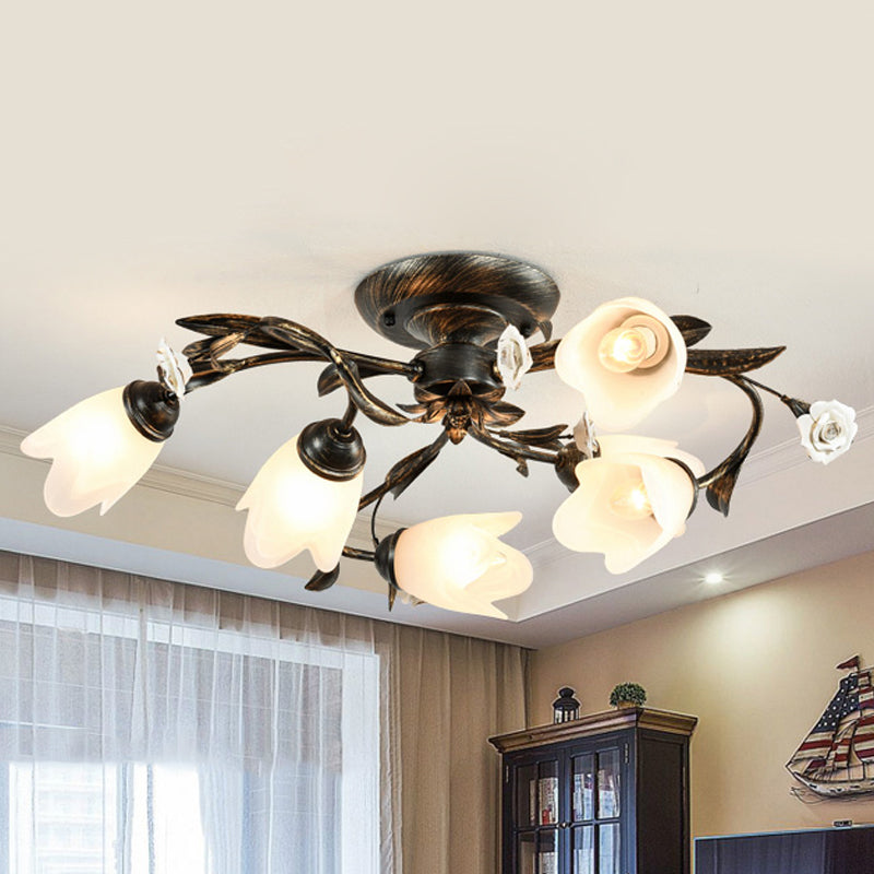 American Garden Flowers Ceilng Light - Cream Glass Semi Flush Mount Lighting In Bronze 4/6/8 Heads