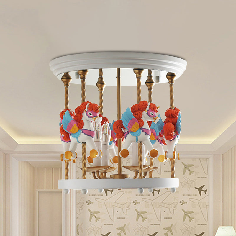 Metal Carousel Semi Flush Cartoon Mount Lighting Fixture For Children’s Room - 4-Bulb