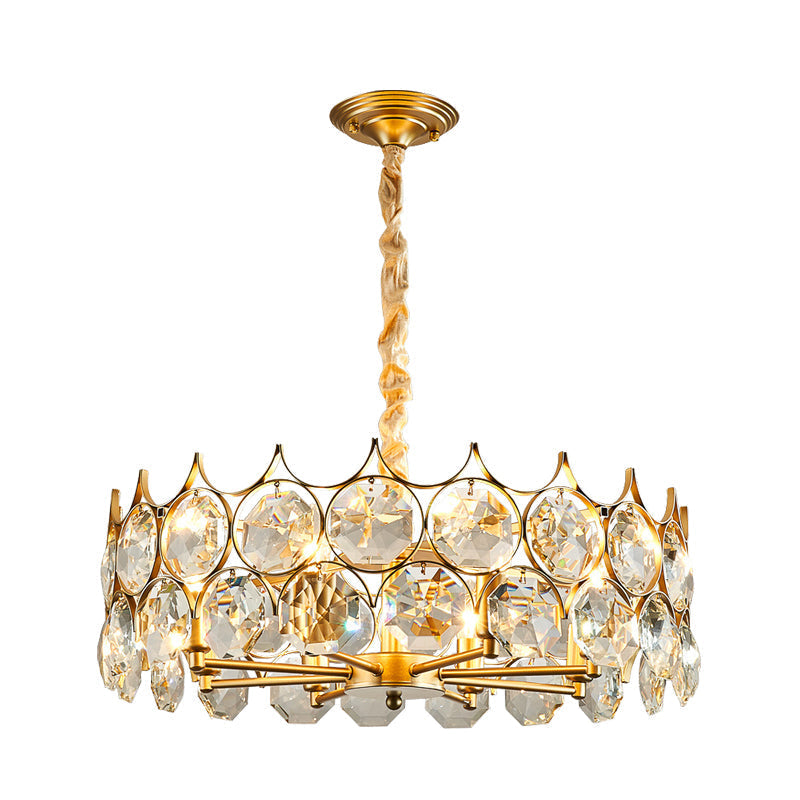Modern Drum Pendant Chandelier With 8 Bulbs Gold Finish And Crystal Faceted Ceiling Hang Fixture