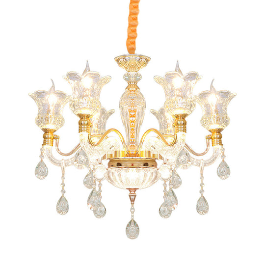 Modern Gold Glass Ceiling Lamp With Crystal Drop - Blossom 6-Bulb Chandelier For Bedroom