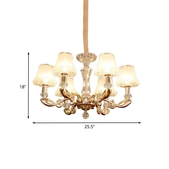 Modern 6-Head Gold Dining Room Chandelier With Crystal Accents - Milky Glass Bell Suspension Lamp