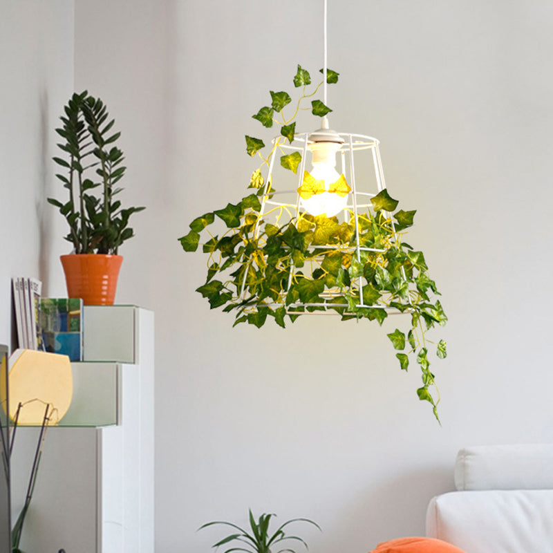 Metal White Pendant Light With Cone Shade: Lodge Style Ceiling Lamp Wire Frame And Leaf Decoration