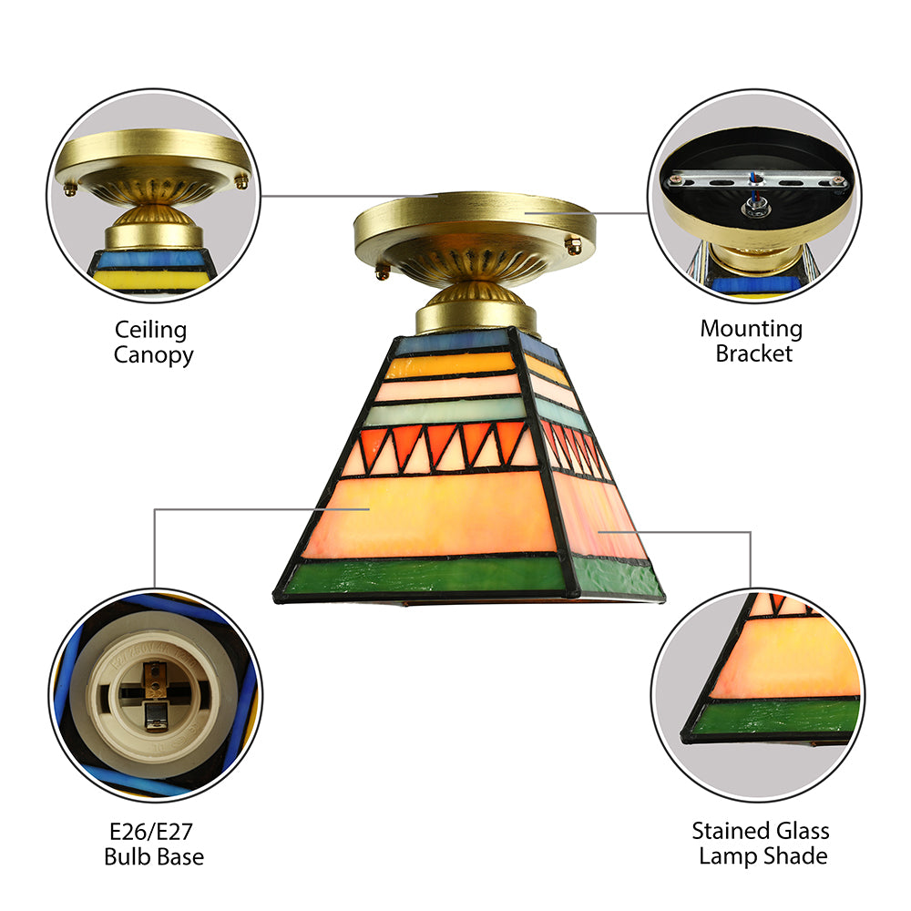 Mission Style Stained Glass Flush Ceiling Light In Brushed Brass – Trapezoid Mini