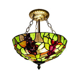 Rustic Loft Stained Glass Semi Flush Light For Cloth Shop - Multi Color Bowl Ceiling Green