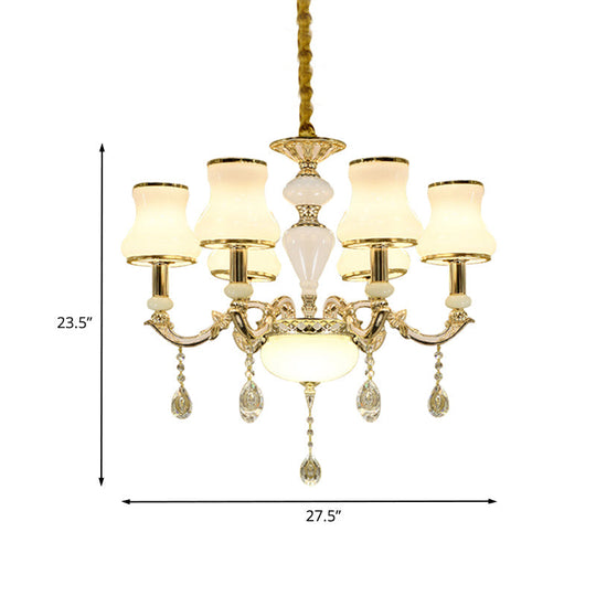 Contemporary Gold Ceiling Chandelier With 6 Lights Milk Glass And Crystal Pendant Lighting